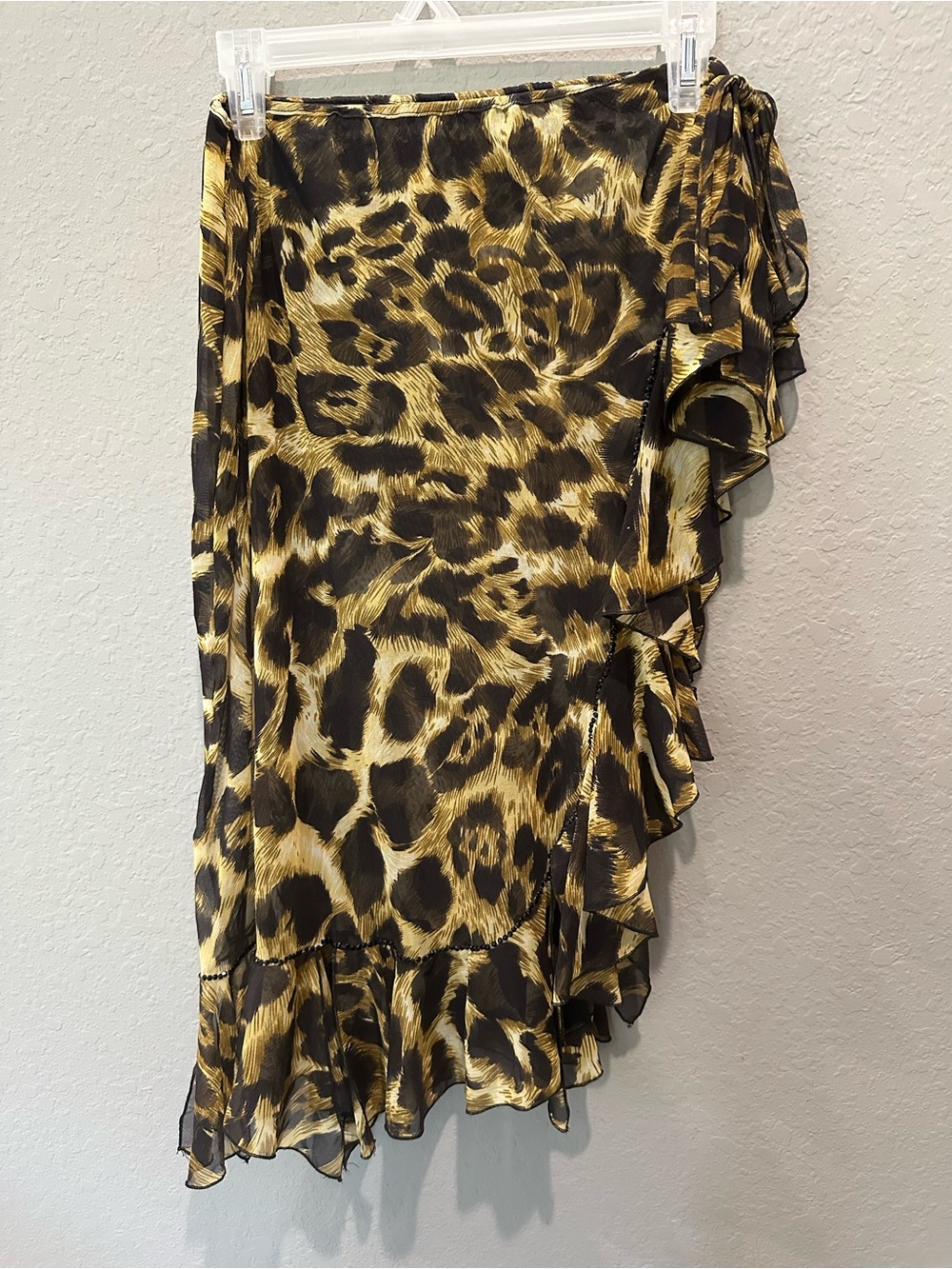Leopard print semi sheer ruffle cover up sarong with crystal detail and tie belt